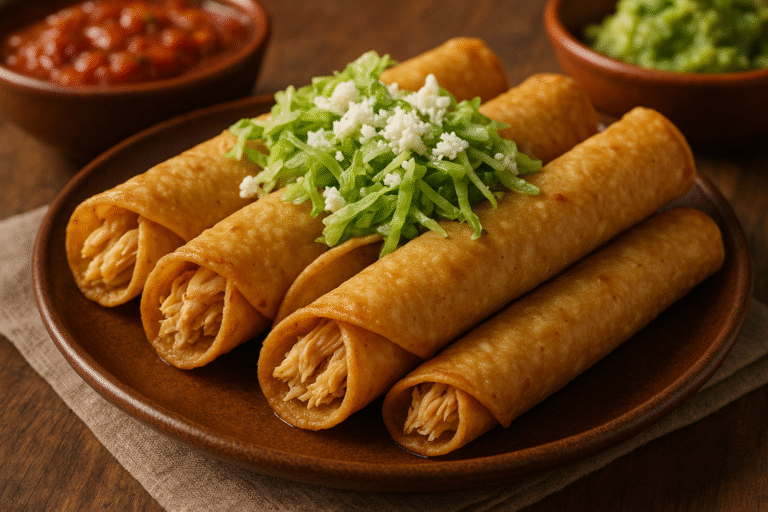 Tacos dorados de pollo con crema y queso